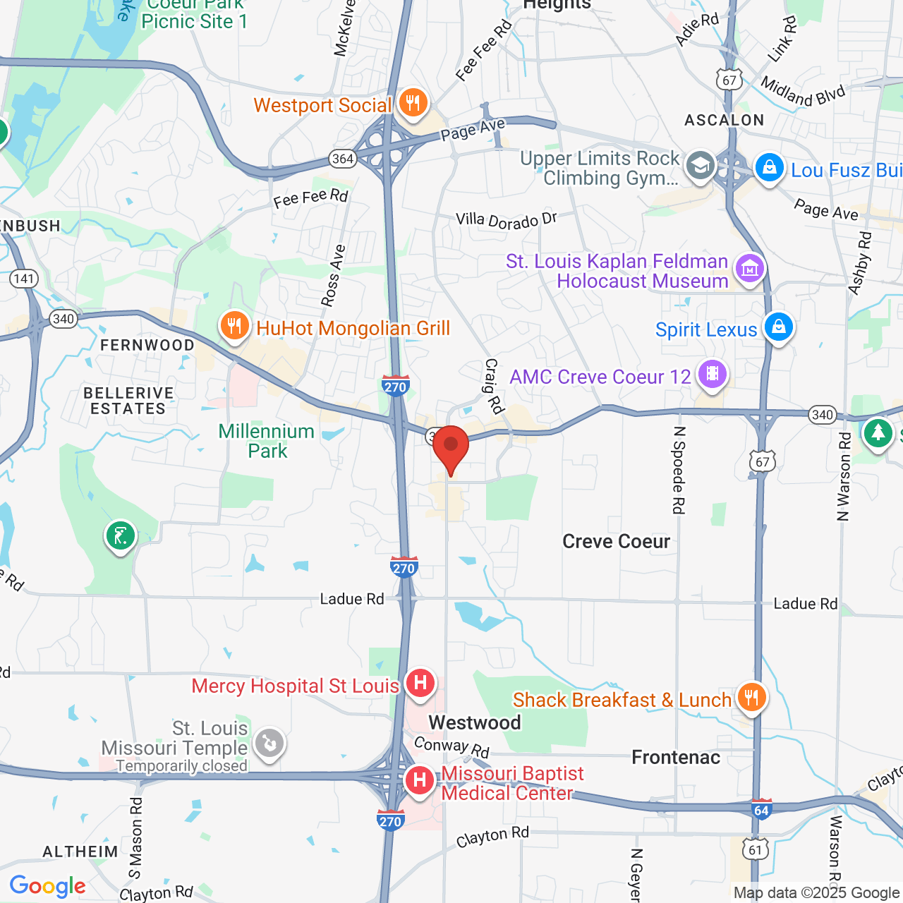 Google map image of our location in 612 N New Ballas Rd St Louis, MO